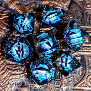 dnd dice set resin dice with spinning dragon eye core, transparent blue text, perfect for tabletop rpg & board games