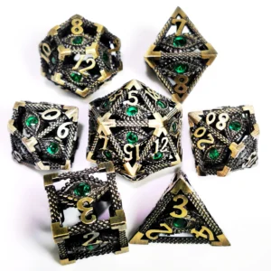 dnd metal dice set hollow dragon eye green d&d dice with zinc alloy core, 7 polyhedral rpg dice for dungeons & dragons