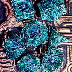 dnd dice set 7 piece zinc alloy metal dice with leaf pattern, green base silver numbers for rpg, dungeons & dragons
